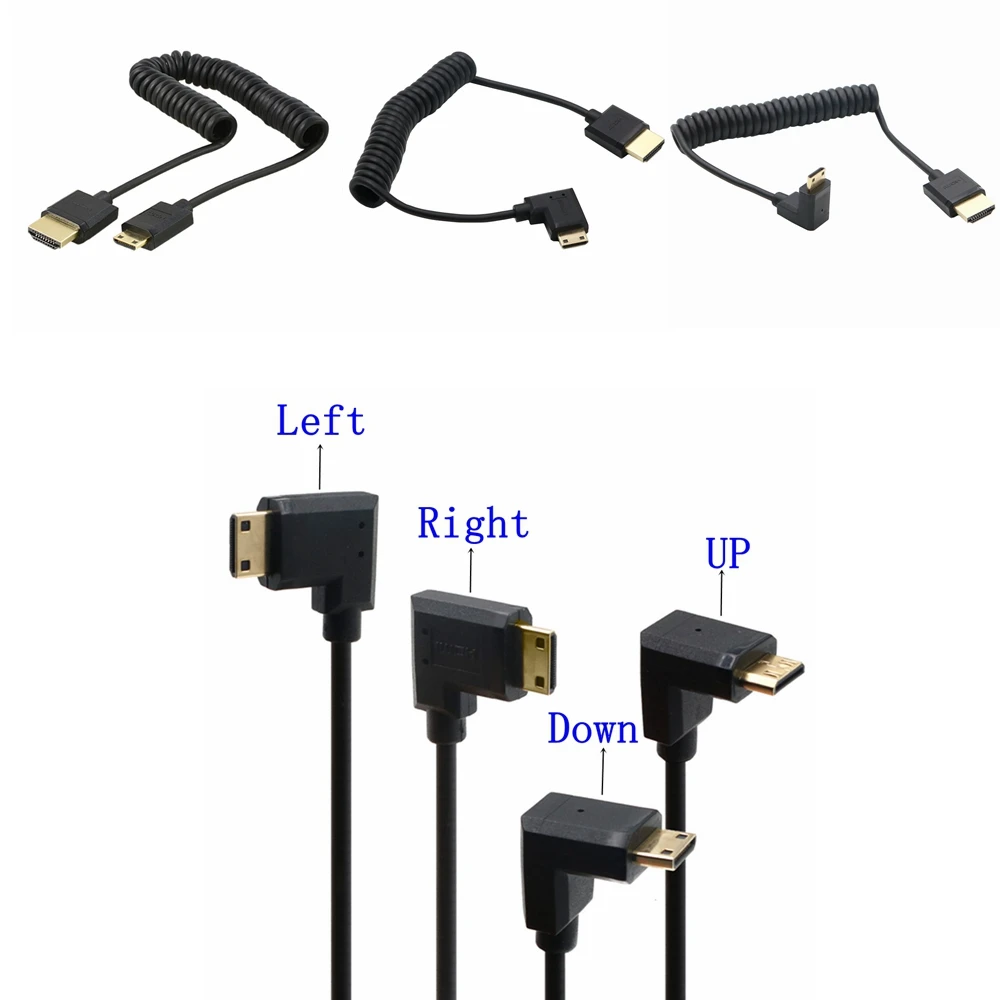 UP/Down/Left/Right Angle Mini-HDMI to A-HDMI Male to Male stretch Spring Curl Flexible Thin HDMI-compatible Cable 2k*4k @60hz