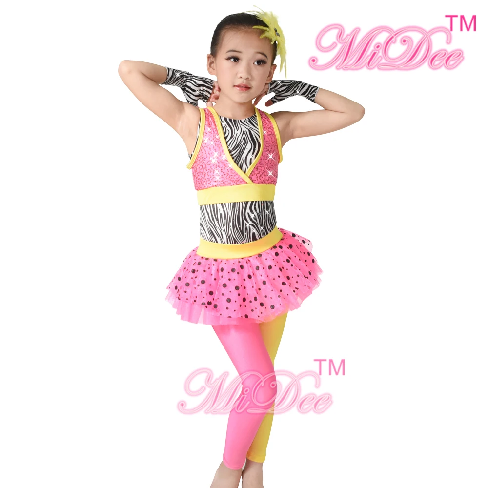 MiDee Jazz Dance Outfits  Leotards Ballet Black Dots Skirt-Tights Zebra Leotard