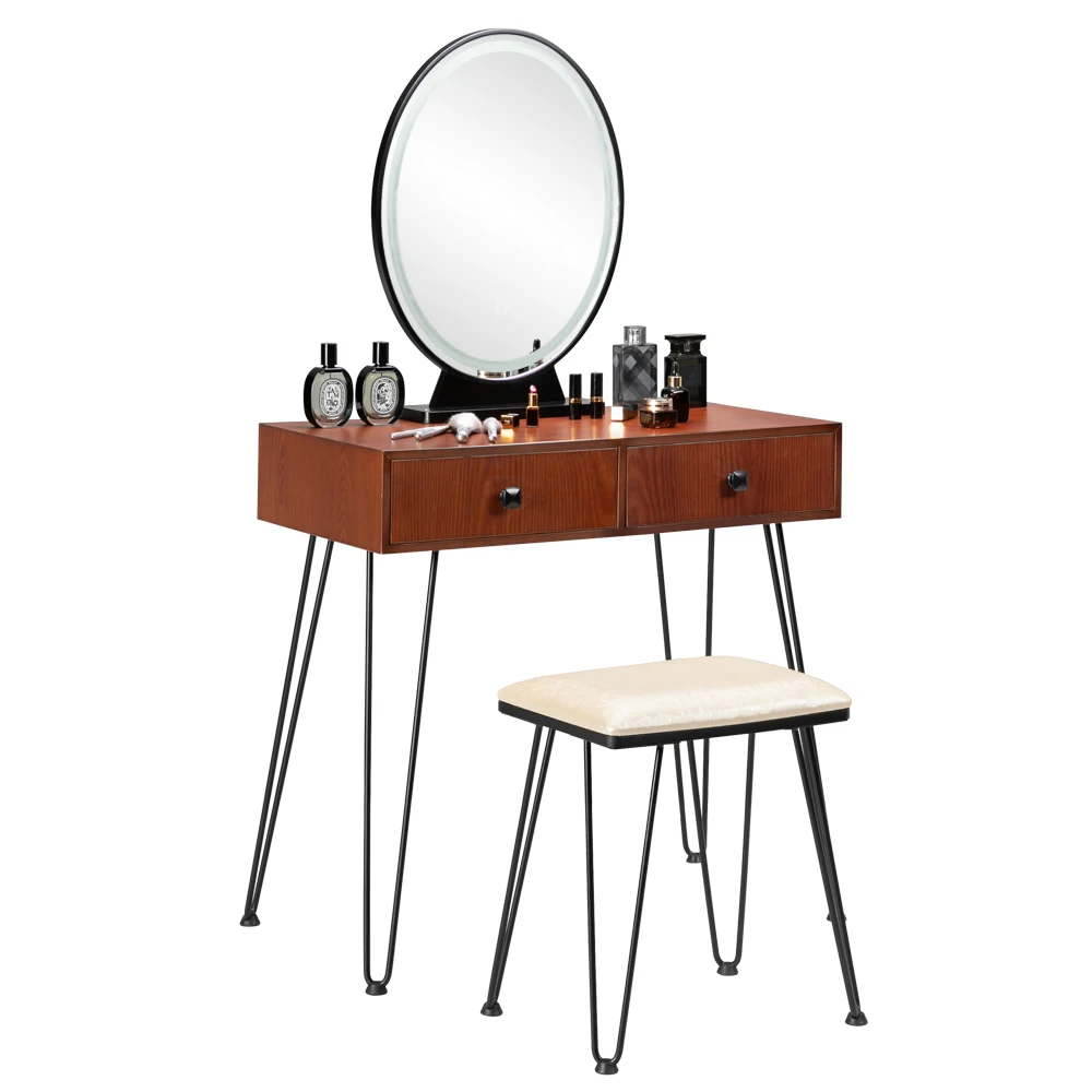 Dressers  Bedroom Iron Dressing Table Simple Dressing Table Black Iron Foot Brown Desktop With Light Three-Color Adjustable