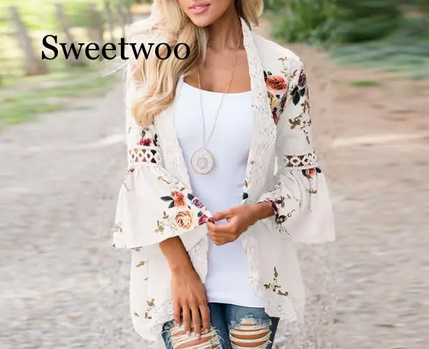 Vrouwen Zomer Herfst Flare Mouwen Bloemen Gedrukt Kant Patchwork Chiffon Vest Tops Casual Open Stitch Uitloper Plus Size Kimono