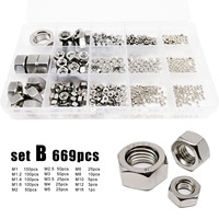 Total 445/669pcs M1 M1.2 M1.4 M1.6 M2 M2.5 M3 M3.5 M4 M5 M6 M8 M10 M12M16 304 Stainless Steel Hex Hexagon Nut Set Assortment Kit