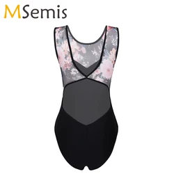 Women Girls Ballet Leotard Dance Wear Adult Soft Sleeveless Stretch Camisole Open Back Floral Print Gymnastics Leotard Bodysuit