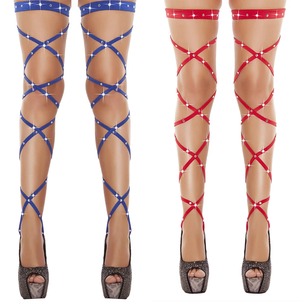 

Sexy Women Lingerie Bandage Fishnet Stockings Thigh-High Studded Thigh High Leg Rave Wraps Strappy Tights