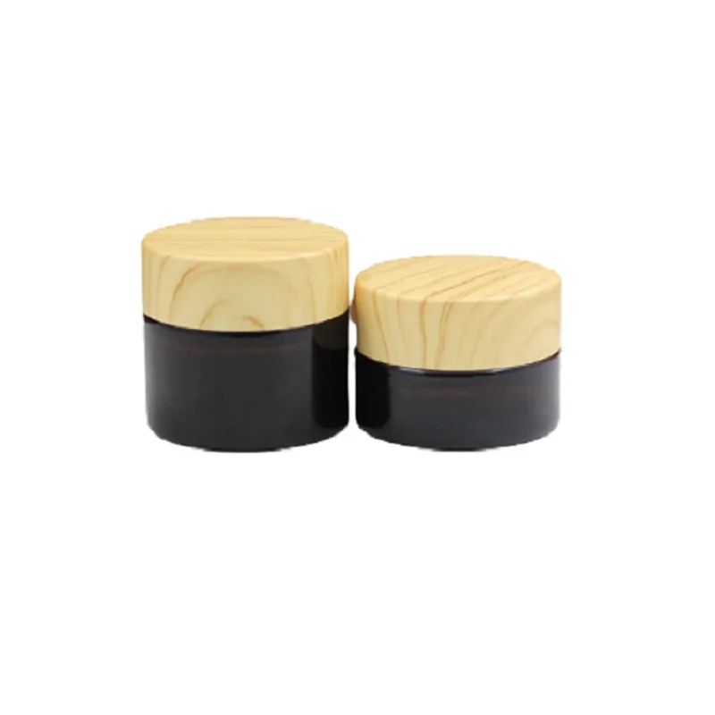 15pcs Empty Cosmetics Cream Jar Glass Pots False Wood Plastic Lid 5g 10g 15g 30g 50g Brown SkinCare Face Cream Lotion Container