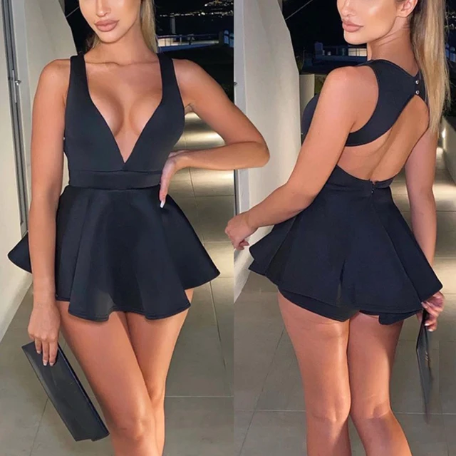 Vestido Mini Sexy para Mujer con Cuello Halter Profundo en V, Espalda Descubierta, Cremallera, Shorts Ajustados, Vestidos Negros para Fiesta, Club, Playa, Ropa Estilo E-Girl Y2K