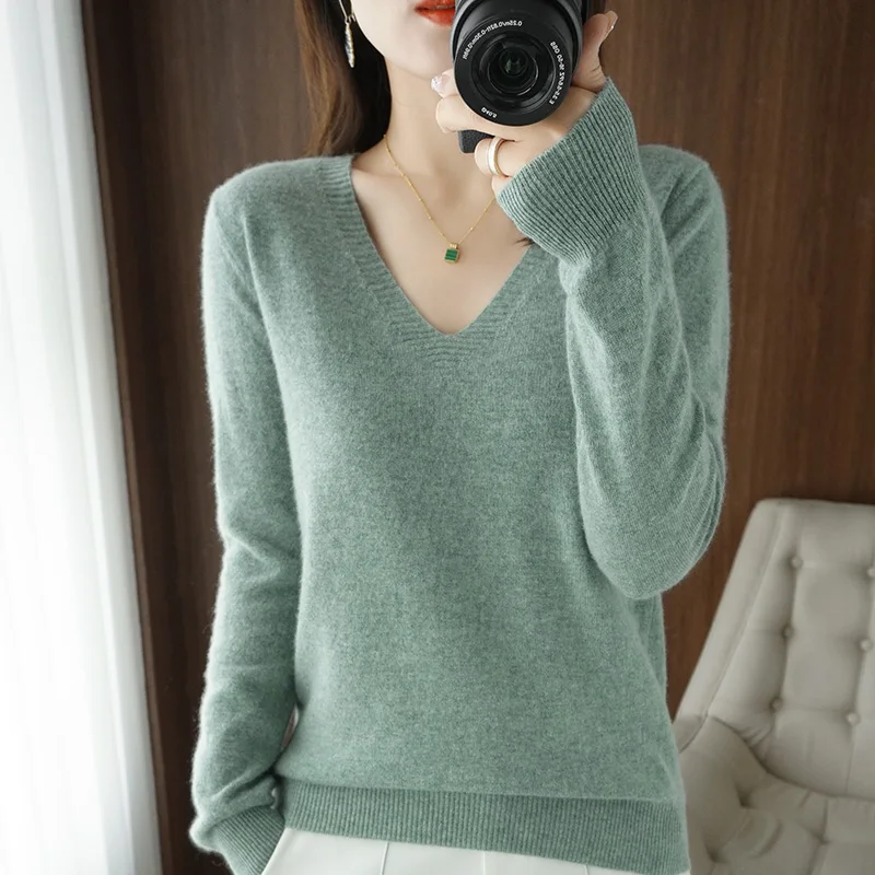 Autumn Winter New Wool Sweater Woman V-Neck Solid Color Pullover Lace collar Casual Knitted Tops Female Bottoming Sweater