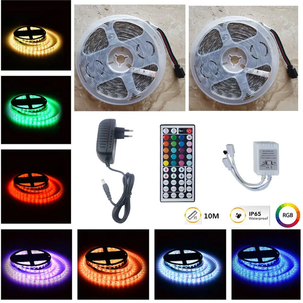 10M 600LED RGB LED Waterproof Strip Lights + 44Keys Remote Control + Adapter Bedroom Decoration luces Led Outdoor Lighting