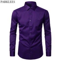 Purple Mens Dress Shirts Casual Slim Fit Bamboo Fiber Elastic Office Wedding Work Shirt Non Iron Easy Care Formal Chemise Homme