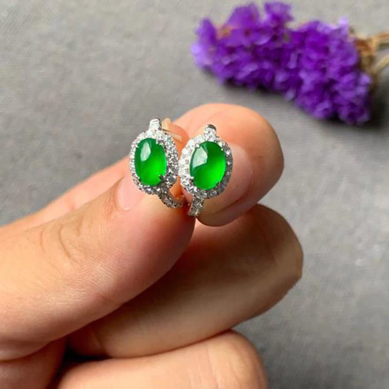 New silver inlaid diamond natural green chalcedony oval women's earrings delicate and fresh Chinese jewelry anniversary gift