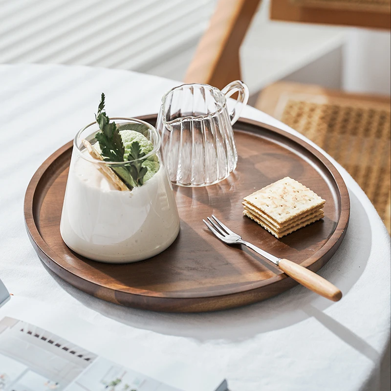 MUZITY Round Solid Wood Dessert Plate Dinner Plate Wooden Saucer Tea Tray Whole Acacia Wood Tableware Set