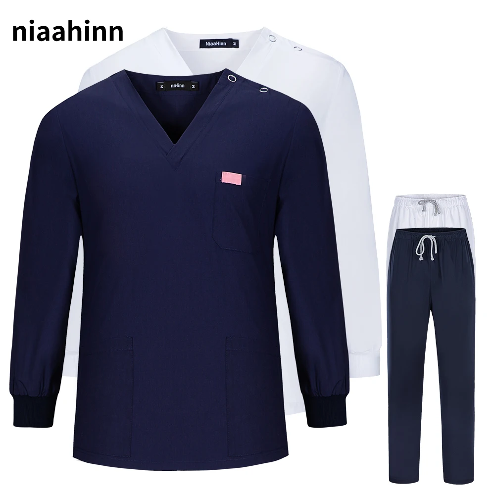 Unisex Scrub Set V-hals Top + Broek Uniform Lange Mouwen Arts Kleding Overalls Pet Grooming Verpleging Uniform Chirurgische Werkkleding