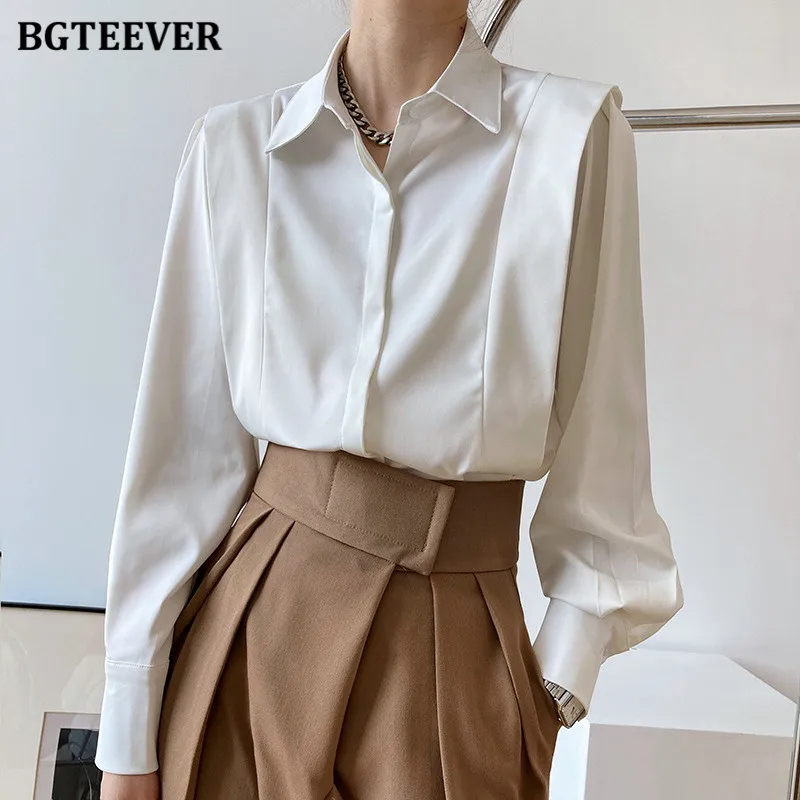 BGTEEVER Elegant Turn-down Collar Women White Shirts Blouses Full Sleeve Ruffles Loose Female Satin Blouses 2021 Autumn