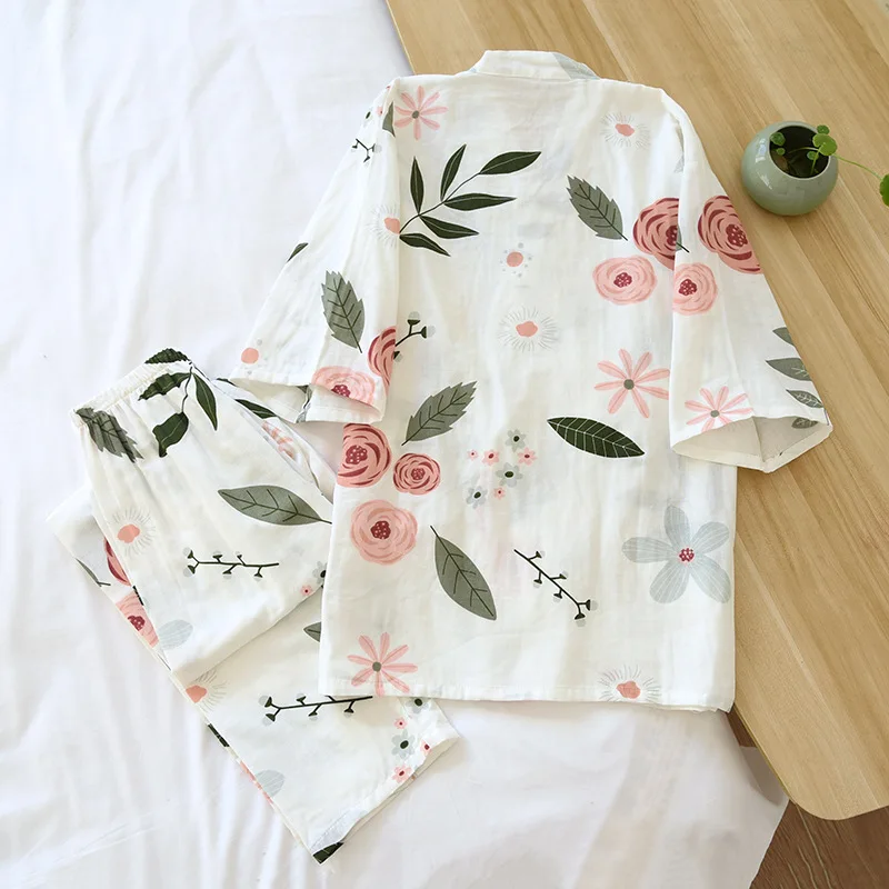 2024 new Japanese kimono suit pajamas spring and summer ladies cotton three-quarter sleeves big flowers home clothes thin loose