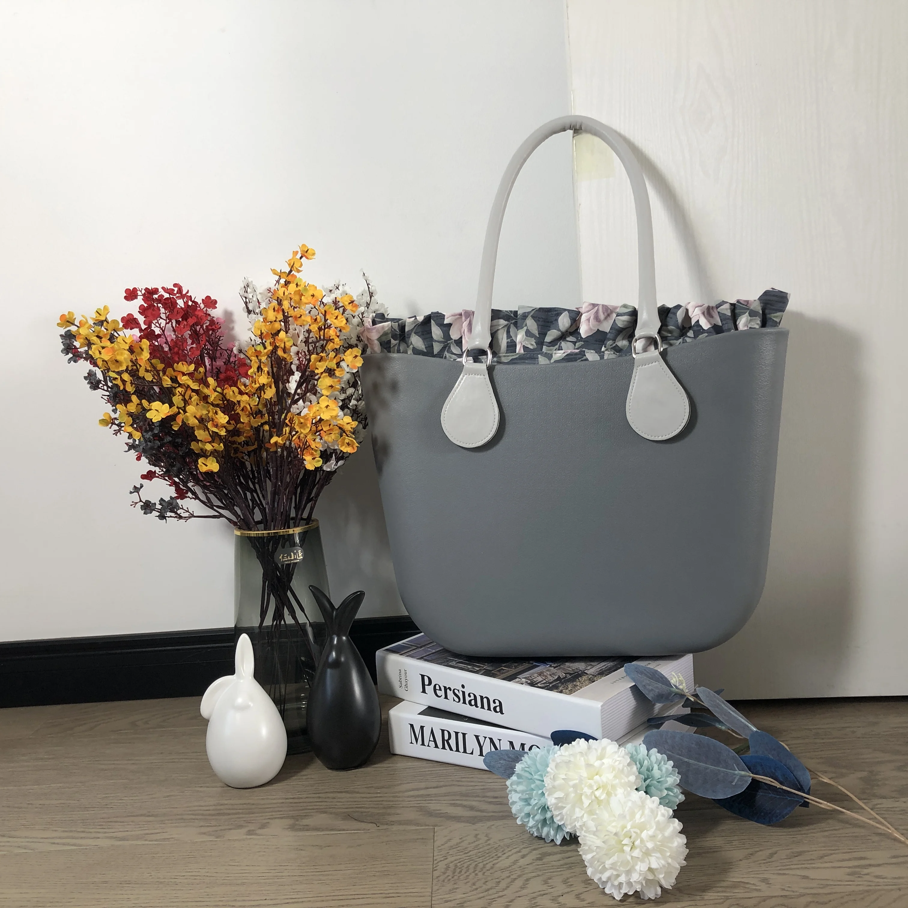 Women Bag Silicon Hand Bag Round Handle with Floral Border Lining Females Waterproof Beach O Bag Obag Style EVA Women Handbag