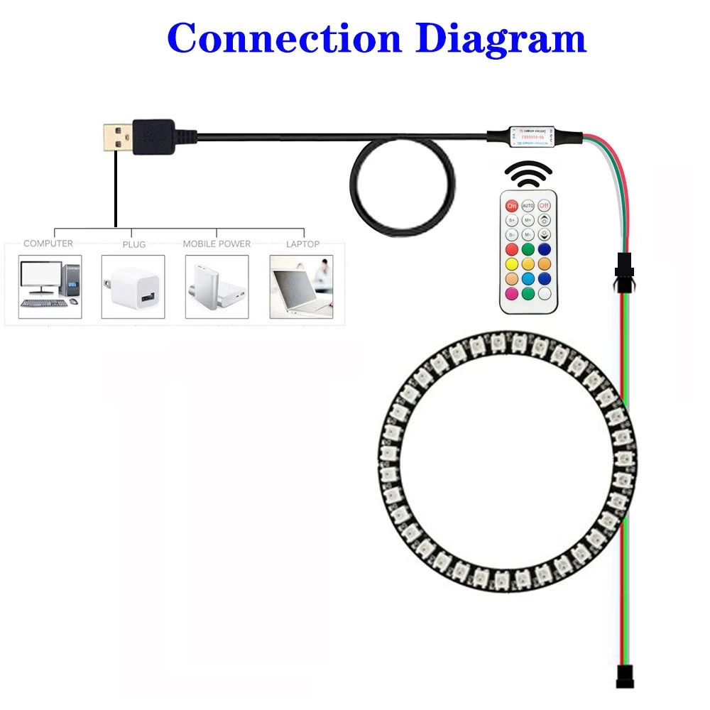 WS2812B 8/16/24/35/45LED pierścień świetlny 21 zestaw kontrolera kluczy WS2812 IC indywidualnie adresowalne połączenie interfejsu USB DC5V