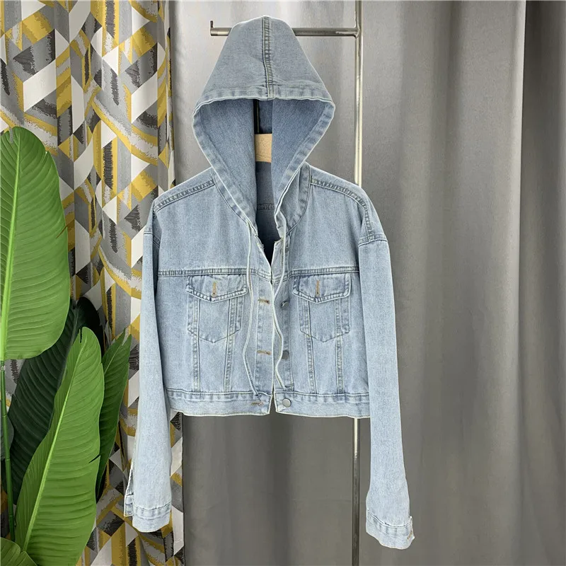 Jeans Jacket Women Korean Casual Fashion Hooded Denim Jackets Short Coat Pocket Drawstring Loose Jeans Coat Female Spring Autumn