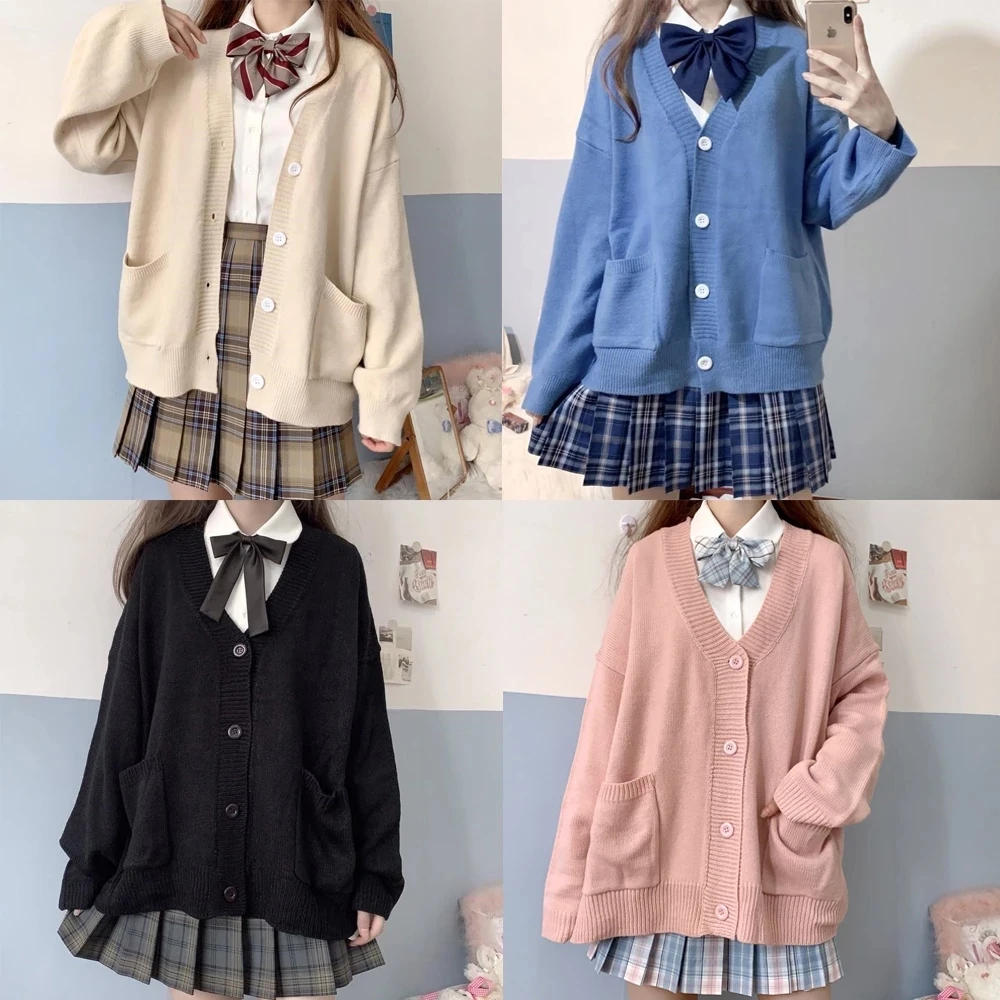 Japan School Sweater Spring Autumn V-neck Cotton Knitted Sweater College Style JK Uniform Cardigan 4 Color Student Girls Cosplay