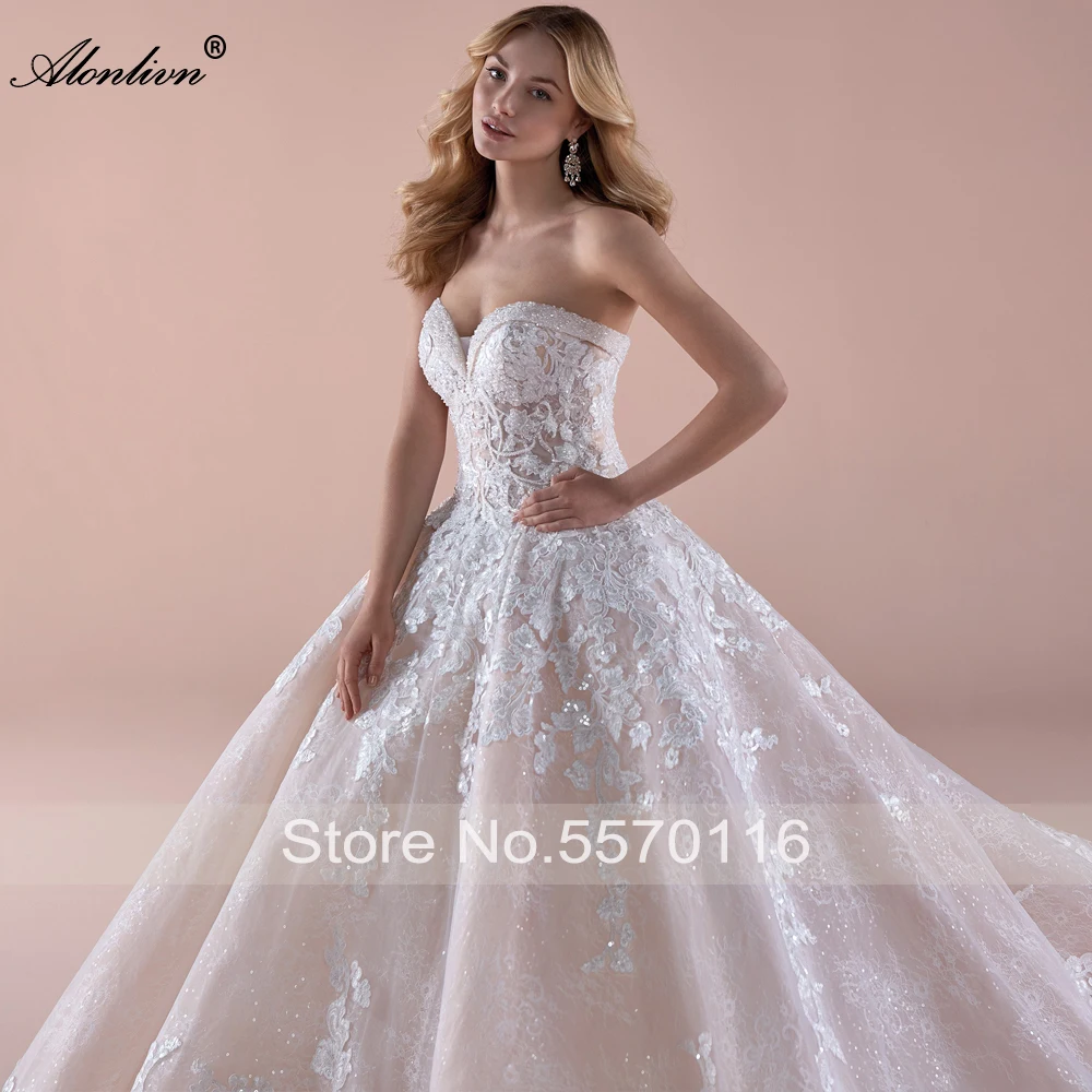 알론리븐 베스티도 데 노이바 광택 있는 아플리케 레이스 웨딩 드레스 스위트하트 오프숄더 볼 가운 신부 드레스