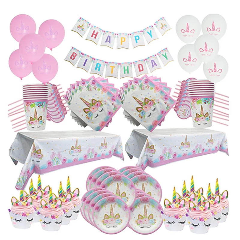 

93Pcs Unicorn Tableware Kit Happy Birthday Girls Unicornio Party Decoration Paper Banner Cup Plate Cake Wrapper Baby Shower Deco