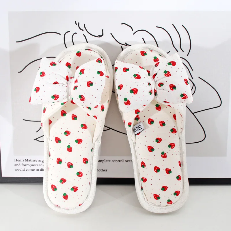 Mntrerm Spring And Summer Home Slippers Women\'s Home Use Indoor Cotton Shoes Girl Heart Cute Bow Strawberry Pattern Sandals