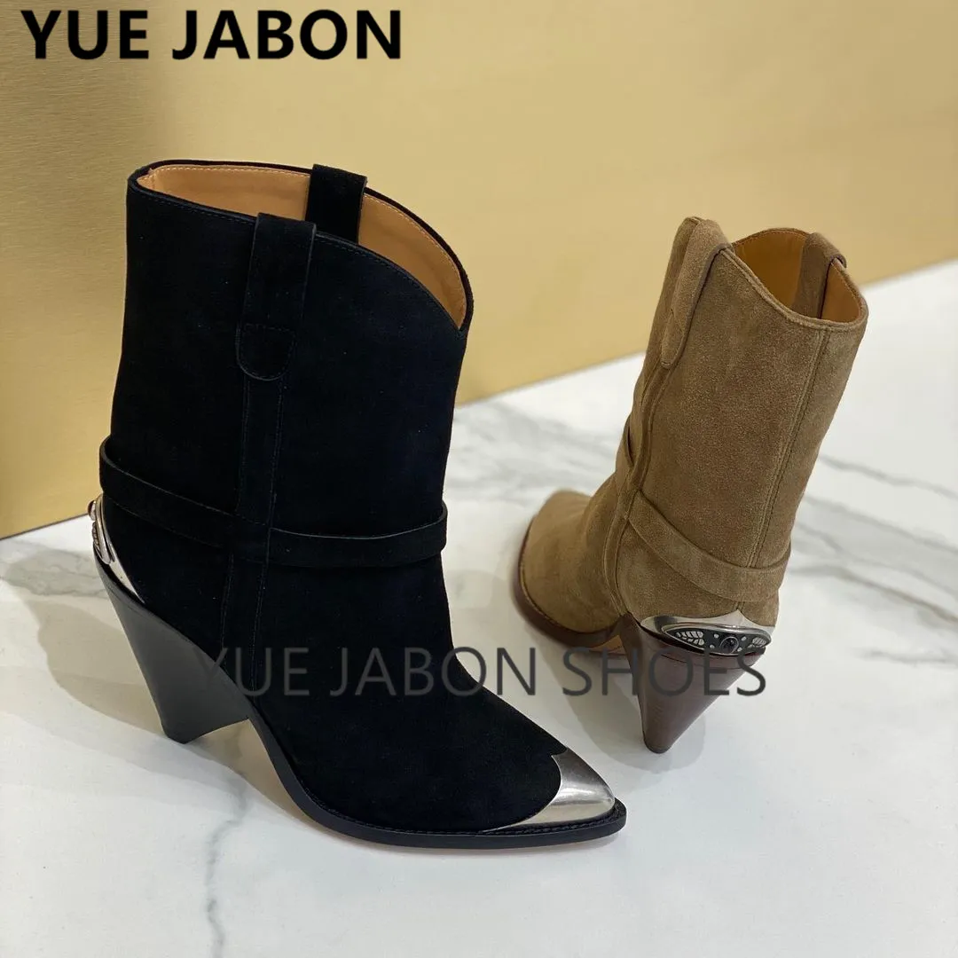 HOT Suede women ankle boots genuine leather shoes mental toe spike strange high heel Chelsea boots cowboy boots cossacks botas