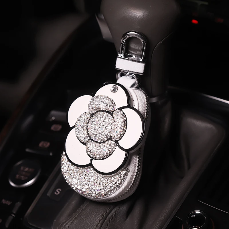 Universal Diamond Flower Car Key Bag Crystal Camellia Mirror Key Bag Car Key Case Cover for Key Shell Case Cover Holder Protect