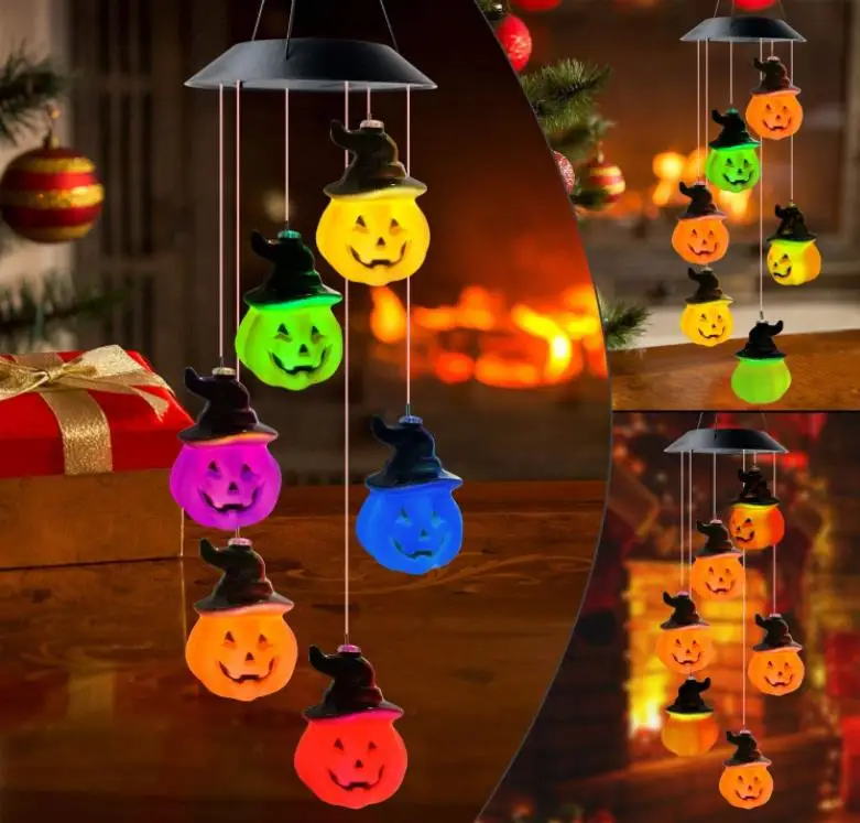 

Led Solar Pumpkin Wind Chime Gift Halloween Party Decoration Skull Ghost Light Color Changing Hanging Pendant Lamp 2pcs/lot