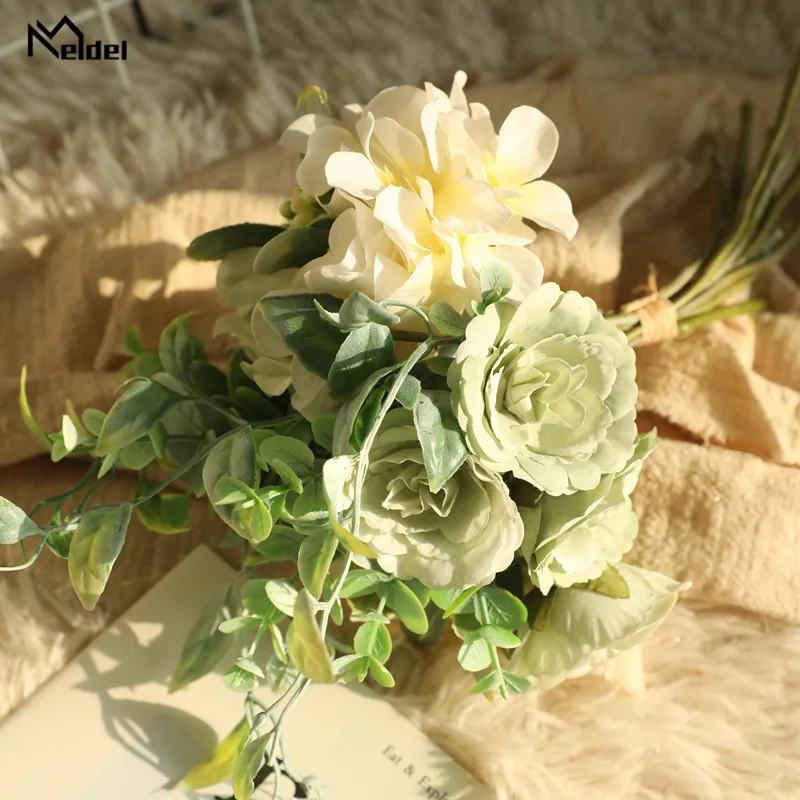 Meldel Mixed Peonies Pompon Artifical Flowers Bouquet Green Plants Silk Flores Wedding Party Home Table DIY Decor Fake Flowers