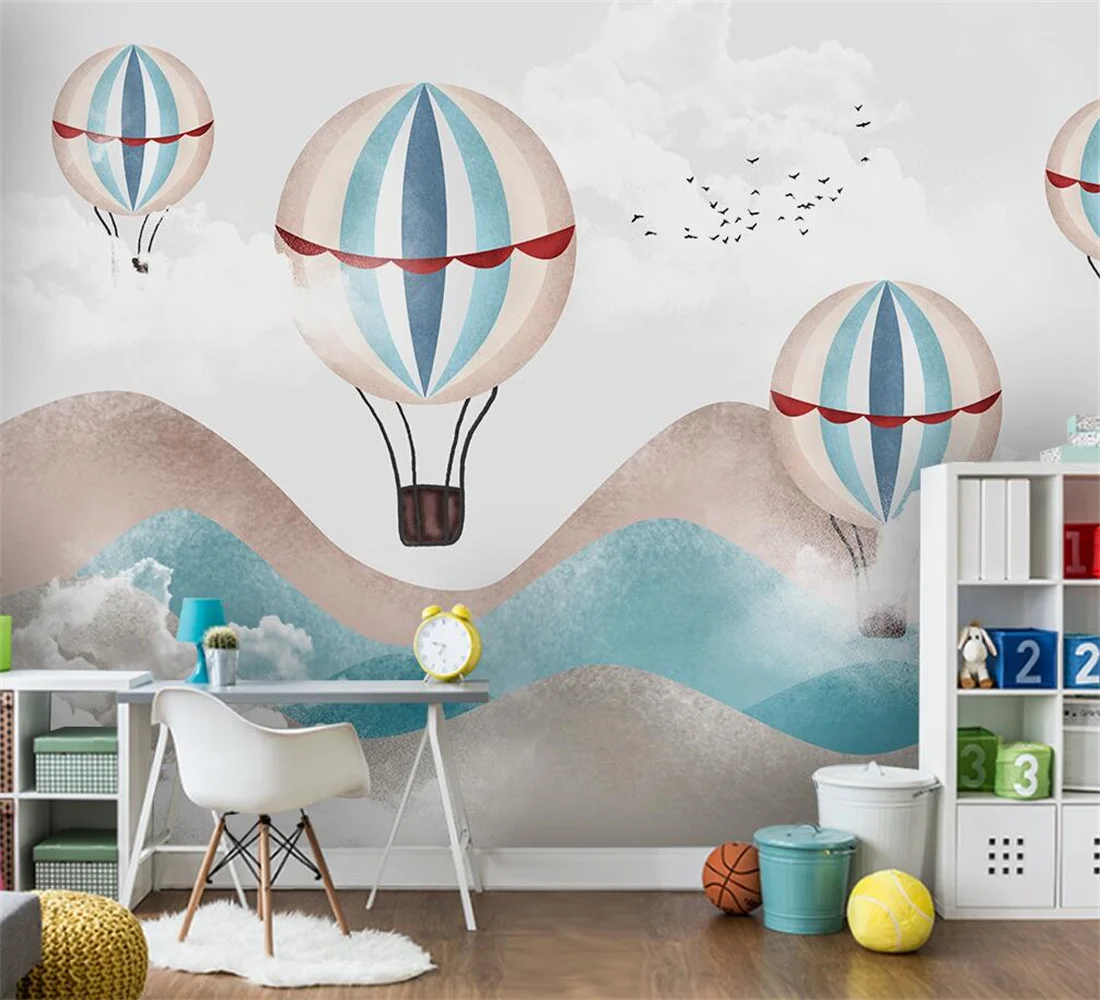 Large custom mural photo cartoon hot air balloon plane Pink sky hand-painted children's room 3d wallpaper decorative painting