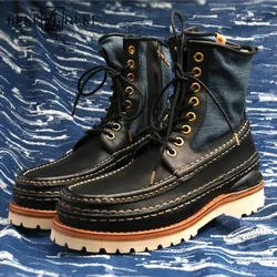 High Quality Handmade Mens Boots Retro Patchwork Genuine Leather Work Boots Men Lace Up Canvas High Top Shoes Size 45 46