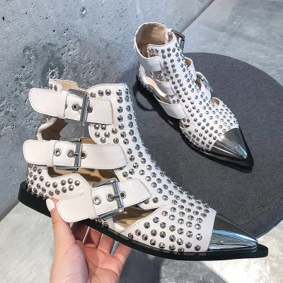 Spring Summer Black White Studded Hollow Out Short Ankle Boots For Women Sliver Metal Toe Flat Heels Booties Buckle Zapatos