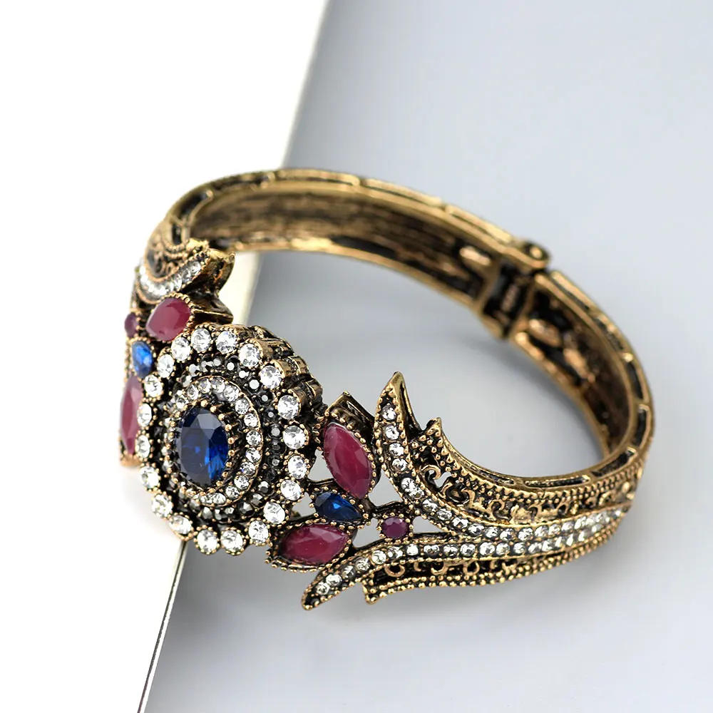 Sunspicems Vintage Turkish Bangle Cuff Bracelet for Women Resin Rhinestone Party Jewelry Retro Gold Color Bridal Jewelry 2020