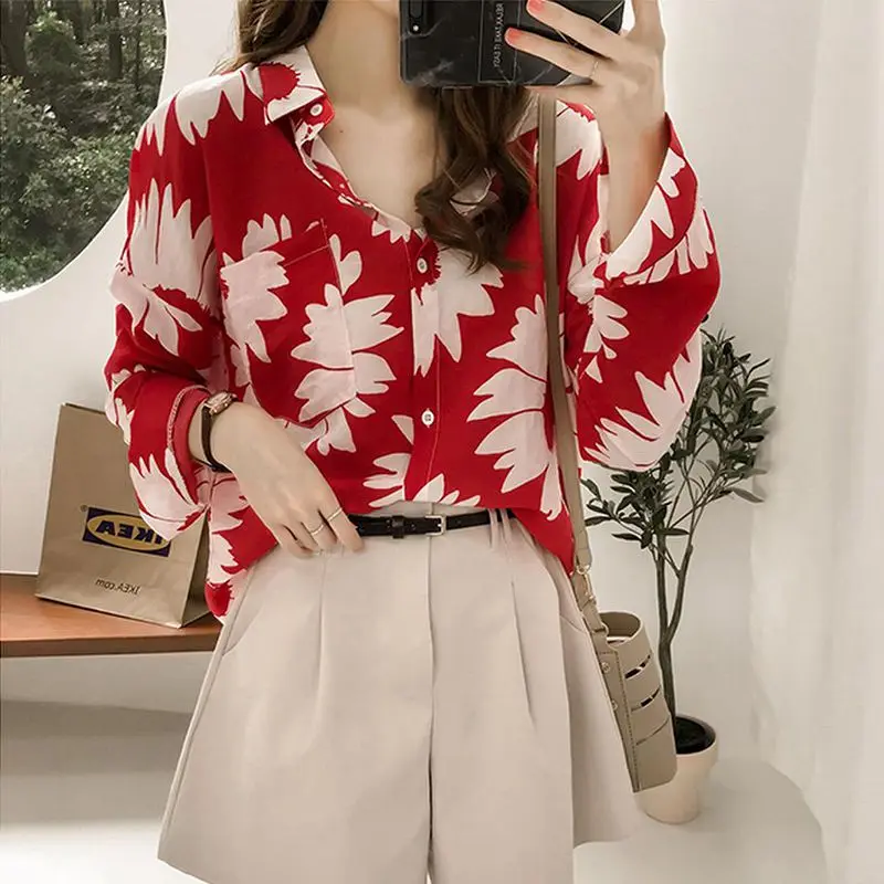 Women Temperament  Print V-neck Chiffon Loose Blouse Vintage Long Sleeve Casual Tops