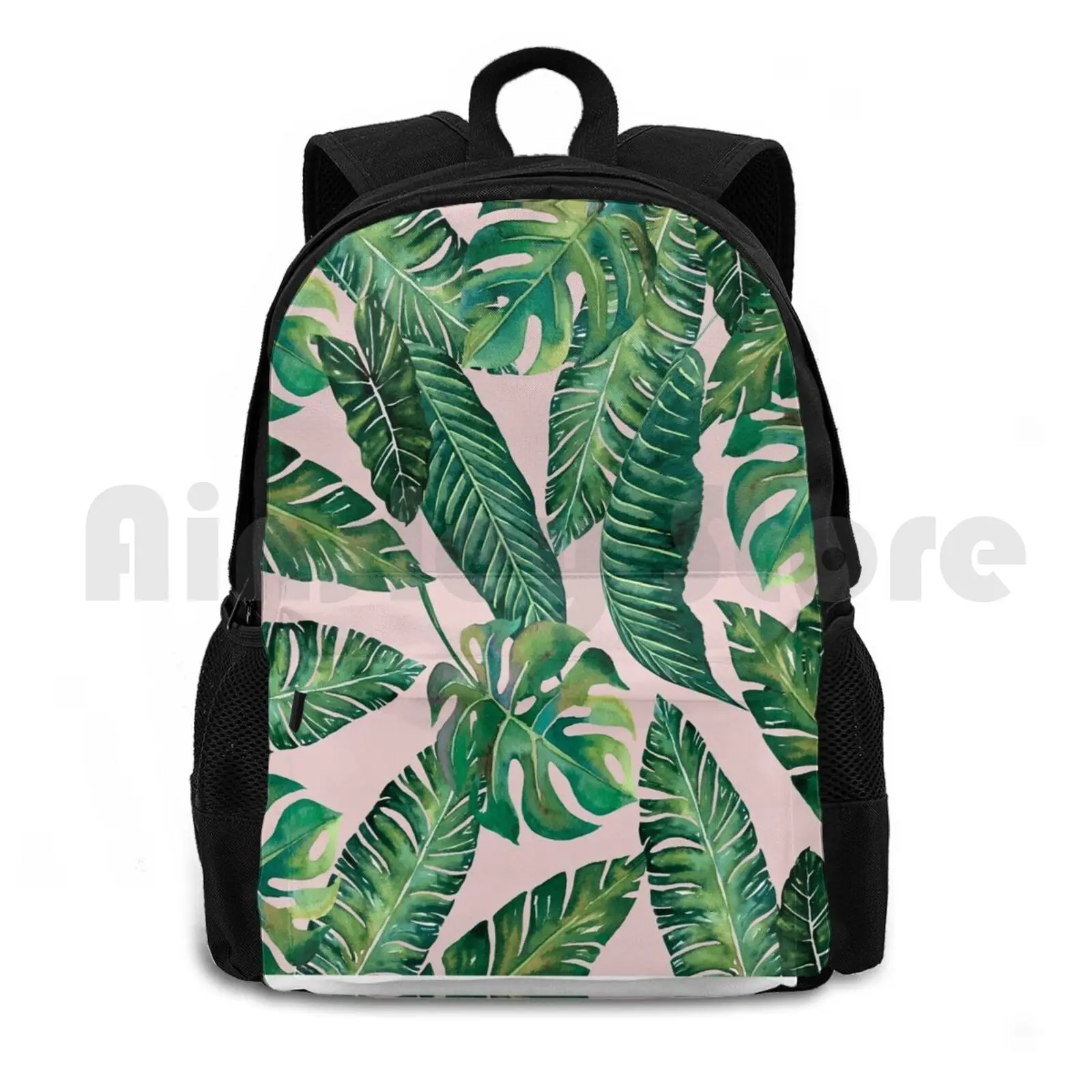 Jungle Leaves , Banana , Monstera Pink Outdoor Hiking Backpack Waterproof Camping Travel Ink Pattern Watercolor Banana Monstera