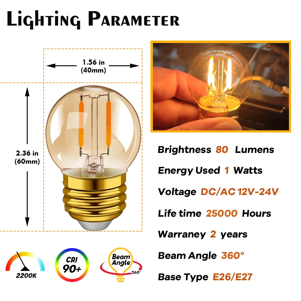 5PCS G40 1W E14 E27 LED Light Bulb Led Filament Light 12V 24V Low Voltage E12 E14 Led Lamp RV Locomotive Room Light