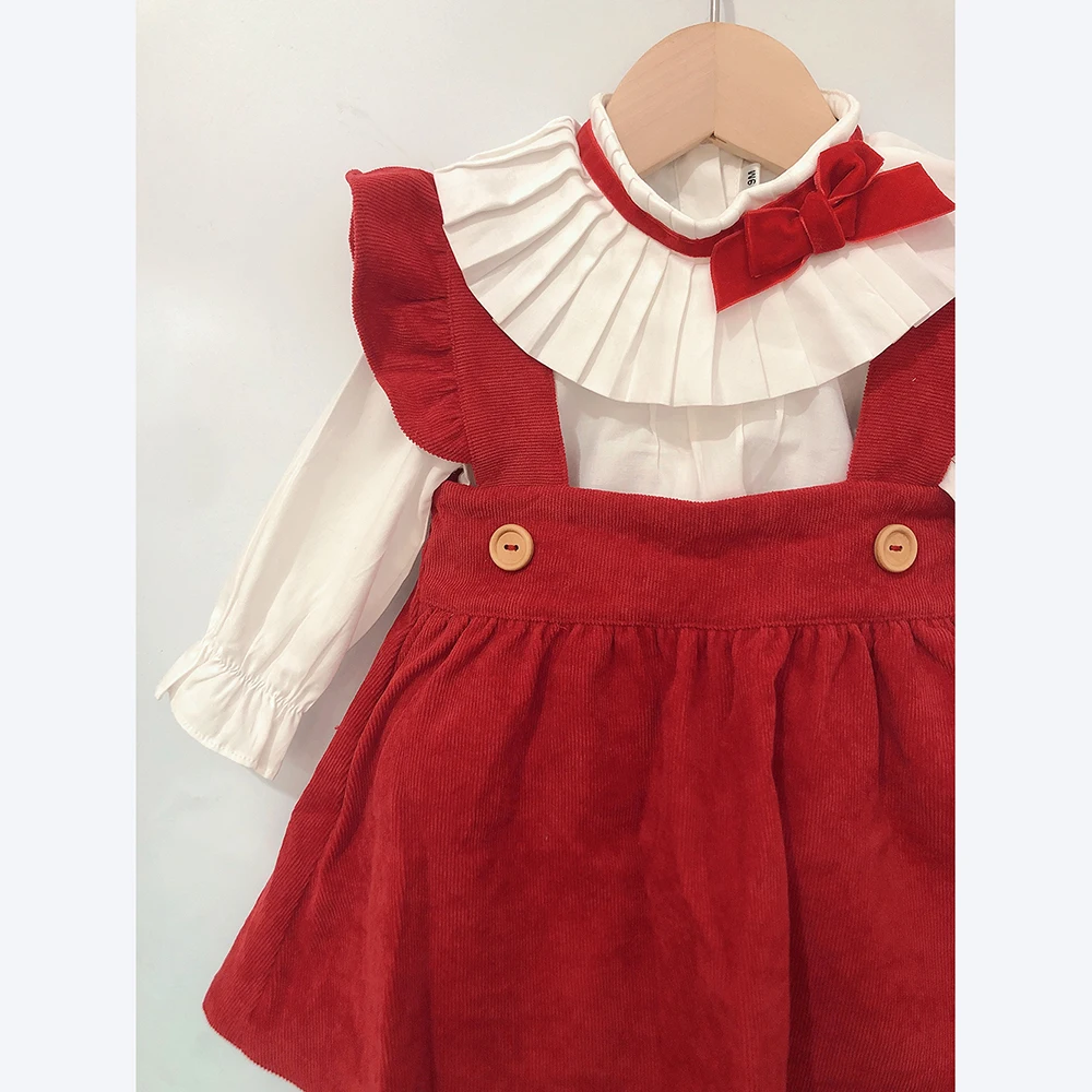 3pcs 1-5years Autumn Children Boutique Clothing Spanish Girls Eid Red Dress Long Sleeve Cotton Shirt Princess Birthday Suit