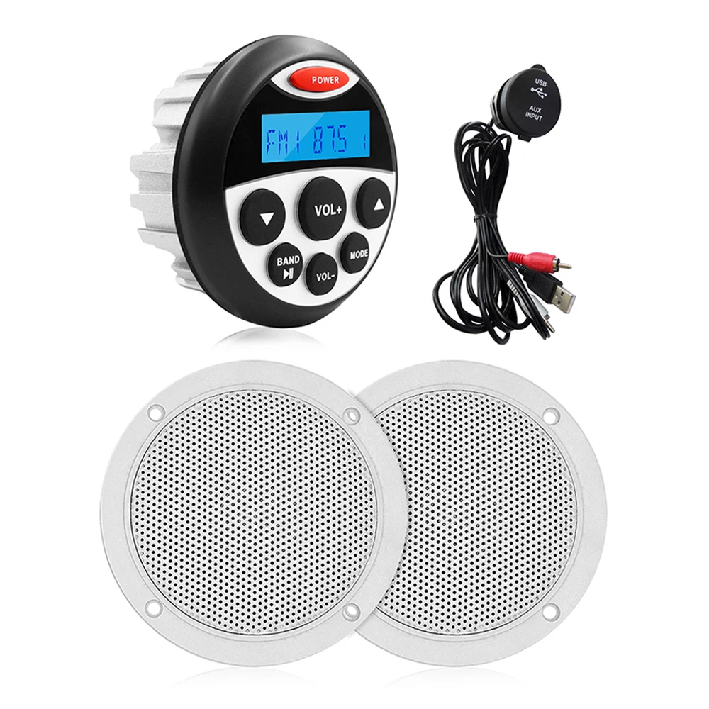 

Marine Radio Bluetooth Stereo Audio FM AM Receiver Car MP3 Player For ATV Pool Motorcycle +4" Waterproof Speaker+Boat USB Cable