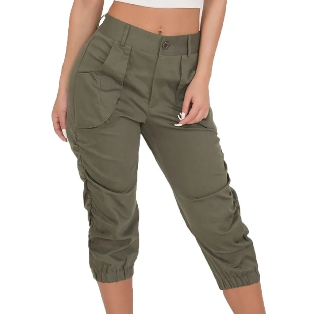 Cropped Trousers 2023 Summer Women's Casual Harem Pants Beam Foot Pants Pocket Loose Fashion High Waist Solid Color Capris 3