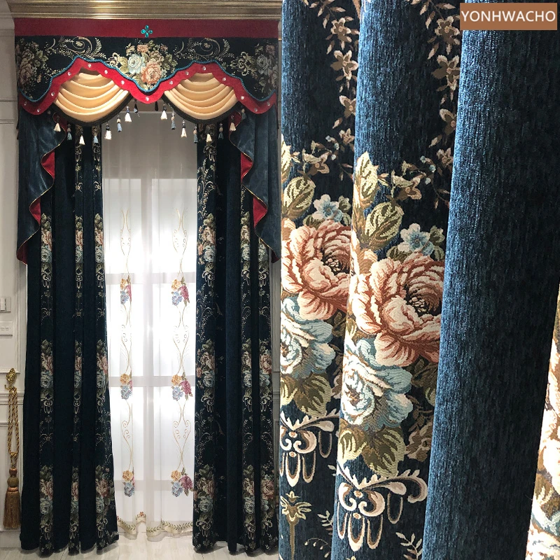 

Custom curtain American palace luxury villa living room thick chenille blue cloth blackout curtain valance tulle drape C810