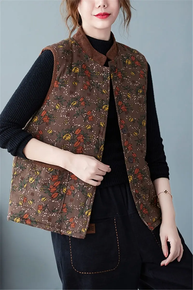 2021 Autumn Winter New Cotton Linen Quilted Vest Jacket Casual Fashion Ethnic Style Large Size Warm Waistcoat Floral Top M936