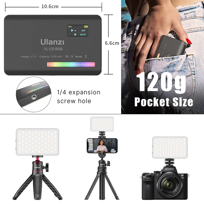 Ulanzi-VL120 RGB Câmera Luz com Difusor LED Painel de Vídeo, Telefone Fotografia Luzes, 2500-9000K, CRI 95 +, 3100mAh