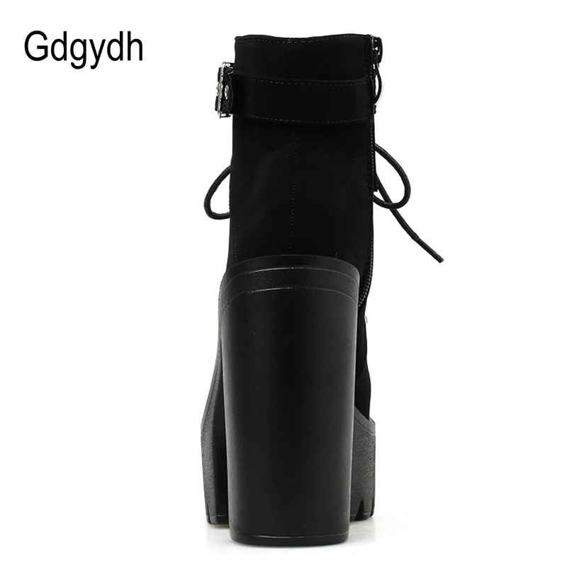 Gdgydh Lace Up Women Boots Platform Buckle Boot Winter Shoes Thick Heel Autmn Boots With Zipper Ankle Strap Black Suede Gothic