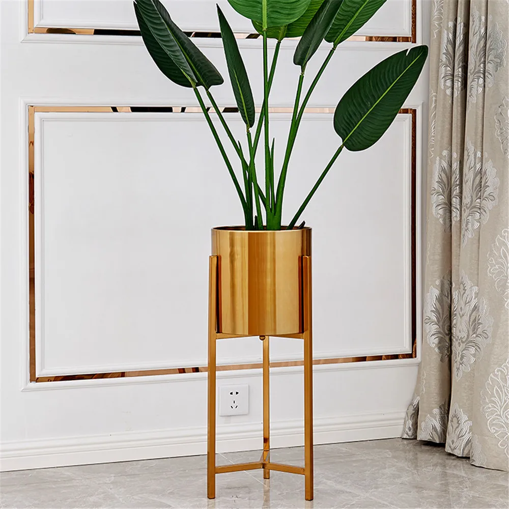 Luxury Golden Metal Flower Pot, Indoor Big Green Plant Stander, Living Room Flower Arrangement, Metal Home Decoration