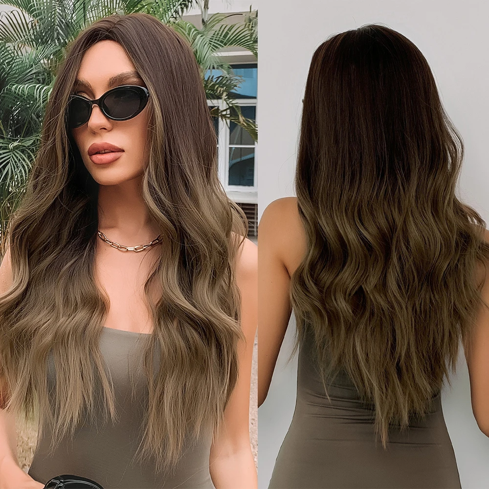 Pequena lana longo ondulado omber branco loira platina peruca sintética para mulher branca parte do meio cosplay cabelo natural resistente ao calor