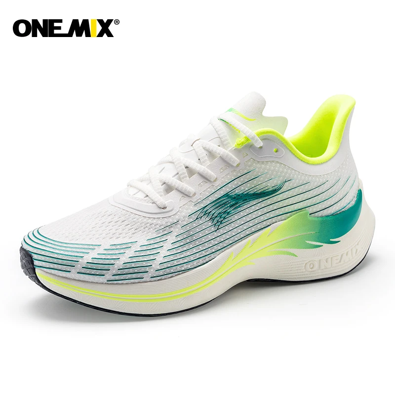 Onemix 2021 mężczyźni świecące buty do biegania maraton oddychające sportowe damskie trampki zasznurować siatki sportowe buty miękkie płyty z włókna