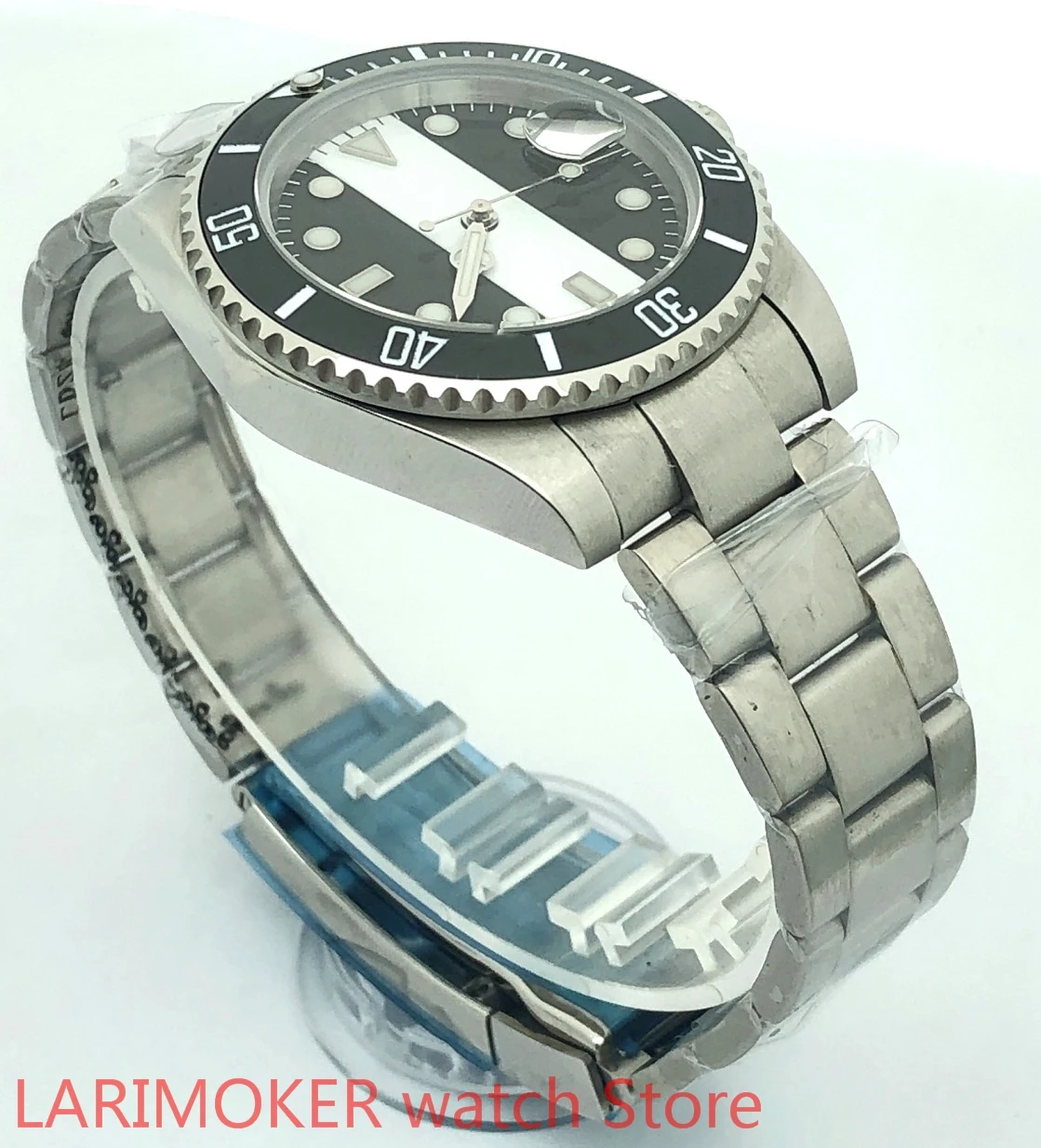 الفولاذ المقاوم للصدأ حزام سوار الياقوت الزجاج الأسود الأبيض الهاتفي الأسود الحافة التلقائي لف مقاوم للماء 100 م ساعة رجالي