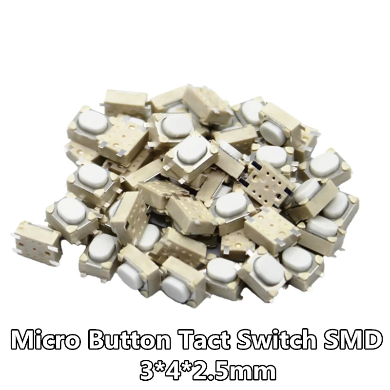 100pcs/lot Micro Push Button 3X4X2.5 4P SMD Tact Switch Mounting for Car System/Cigarette Tool 3*4*2.5MM