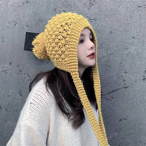 Autumn Winter Ear Protection Hat Women\'s Warm Knitting Tassel Baotou Girl Outdoor Leisure Solid Color Retro Student Blue