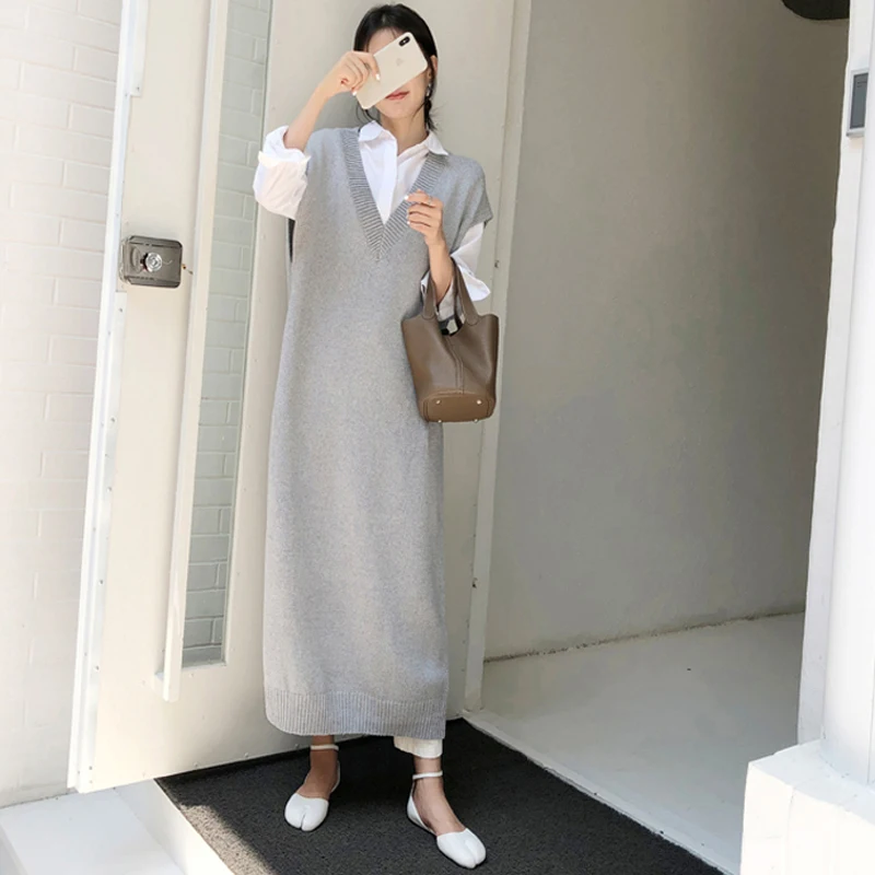 BGTEEVER Chic Casual Winter Oversize Straight Sleeveless Sweater Dress Women Thick Knit Long Dress Female Knitted Vest Dress