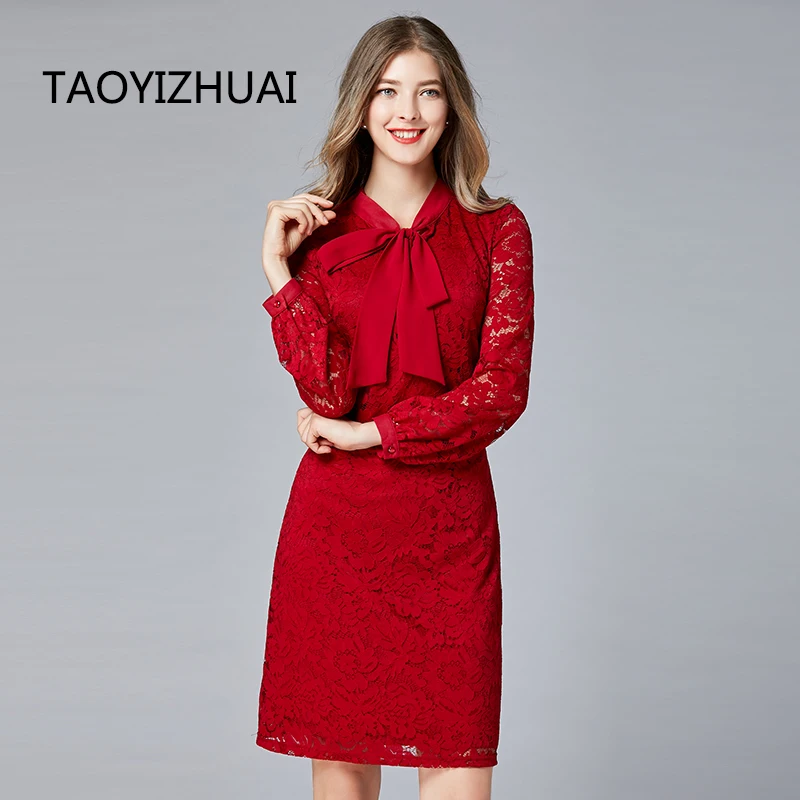 

TAOYIZHUAI new arrival autumn winter chinese festival style lace dress bow full sleeves a line nature waist big size dress